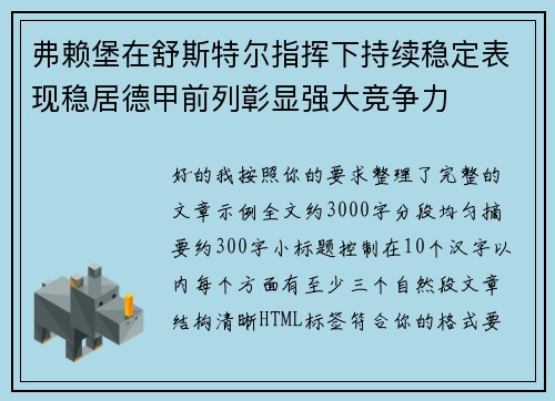 弗赖堡在舒斯特尔指挥下持续稳定表现稳居德甲前列彰显强大竞争力